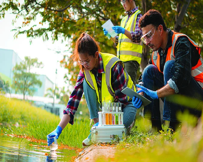 Équipe technique réalisant des analyses sur le terrain